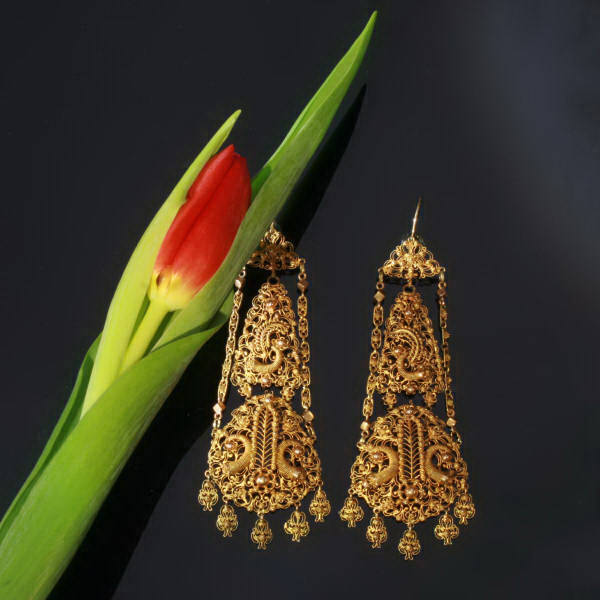 Antique gold filigree dangle earrings, high quality (image 6 of 7)